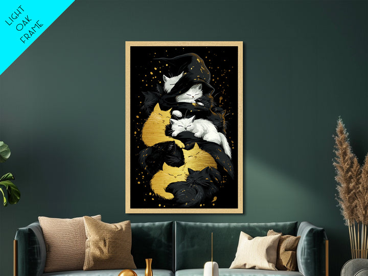 Witchy Cats Nap Metallic Gold Art Metal Art Halloween Gothic Feline Spooky Wall Decor framed with handcrafted real wood frame