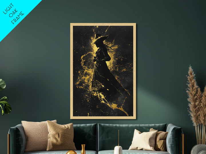 Elegant Witch Silhouette in Gold Explosion – Metallic Gold Art, Halloween Metal Art with Real Wood Frame, Spooky Sorceress Decor