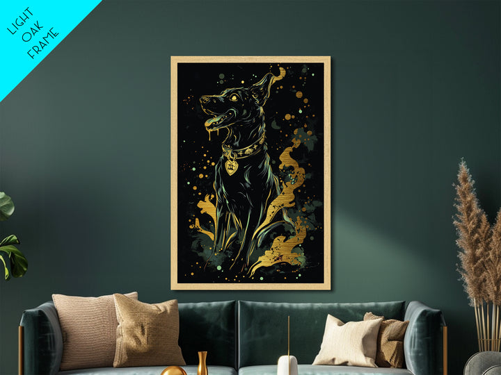 Black Dog Guardian Metallic Gold Art Metal Art Spooky Halloween Gothic Horror Décor framed in natural real wood haunted artwork