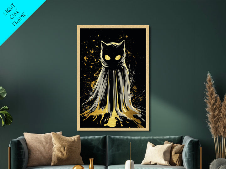 Haunted Cat Cloaked In Shadows Metallic Gold Art Metal Art | Spooky Halloween Wall Decor Framed In Natural Real Wood