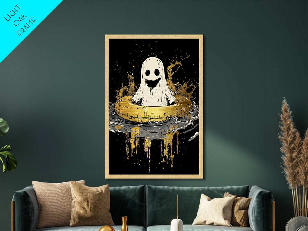 Smiling Ghost In Inner Tube Metallic Gold Art Metal Art | Creepy Cute Halloween Artwork Framed In Handcrafted Wood