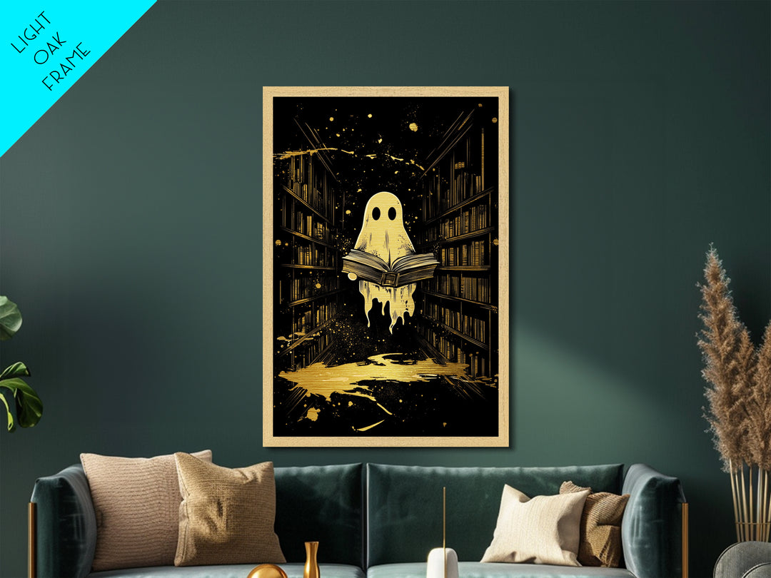 Ghost Reading In Haunted Library Metallic Gold Art Metal Art | Spooky Bookish Wall Art Framed In Solid Natural Wood