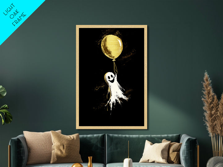 Playful Ghost With Balloon Metallic Gold Art Metal Art | Whimsical Spooky Season Halloween Artwork Real Wood Frame