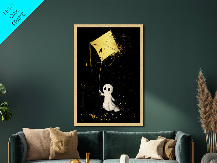 Sweet Ghost Flying A Kite Metallic Gold Art Metal Art | Cute Haunted Halloween Wall Art Framed In Rustic Real Wood