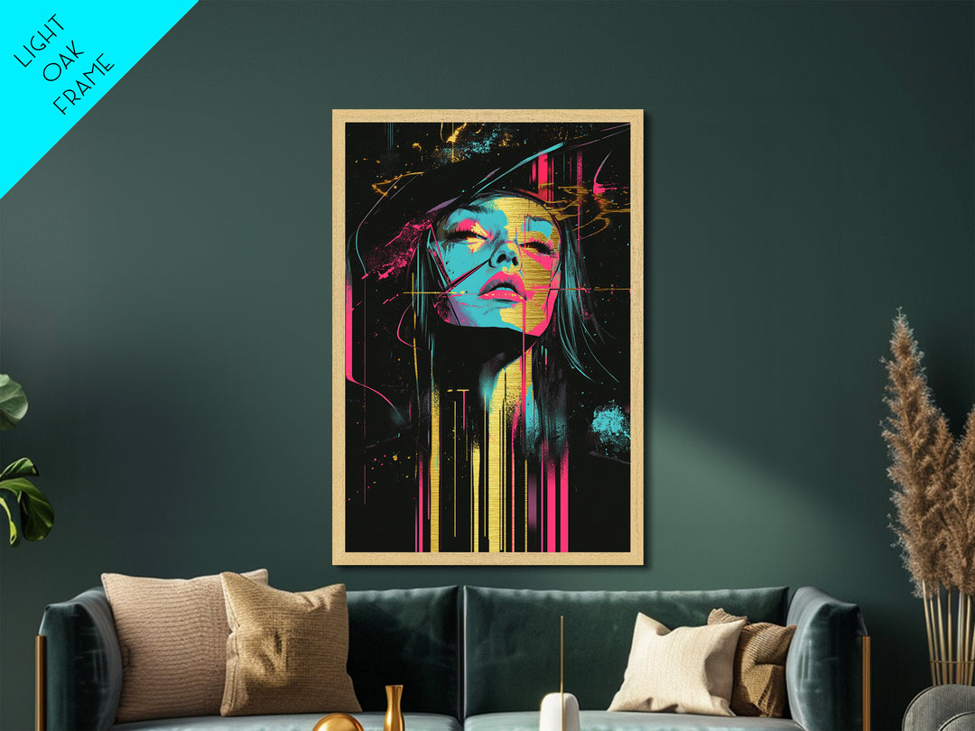 Neon Witch Portrait with Abstract Lines – Metallic Gold Art, Halloween Metal Art in Real Wood Frame, Psychedelic Spooky Decor