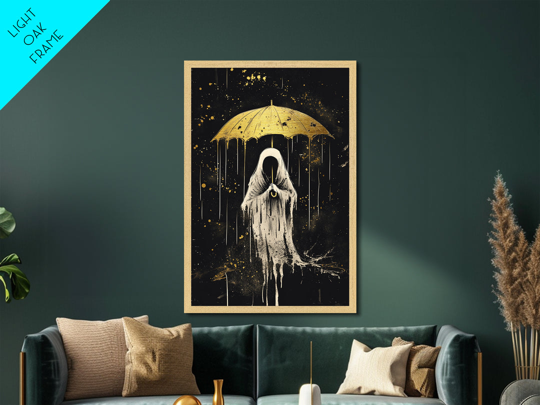 Ghostly Figure With Umbrella Metallic Gold Art Metal Art | Dark Creepy Halloween Wall Art Framed In Authentic Wood