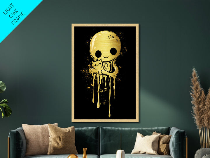 Haunted Cute Ghost Cat Metallic Gold Art, Spooky Halloween Metal Art With Natural Wood Frame, Creepy Cute Goth Home Decor