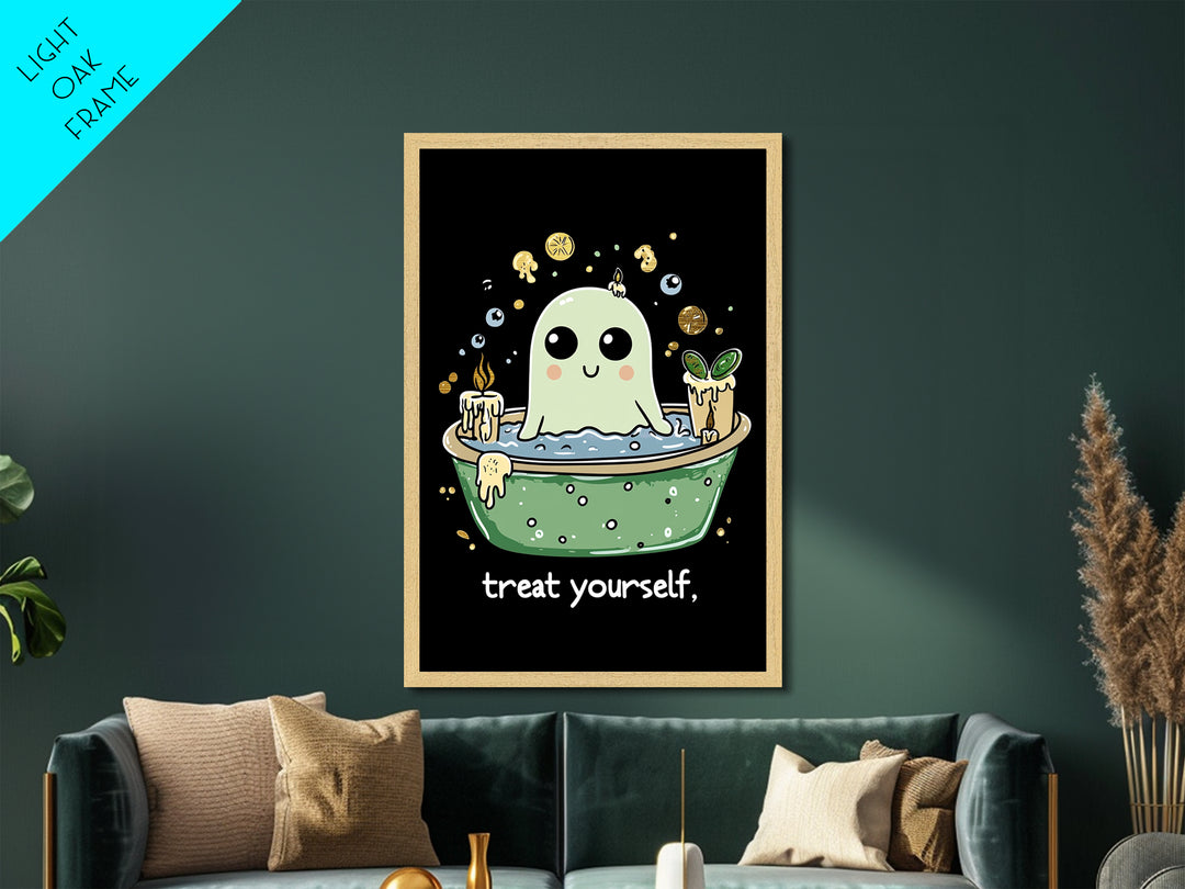Witchy Ghost Spa Metallic Gold Art, Relaxing Bath Spooky Season Metal Art Framed In Real Wood, Funny Creepy Halloween Print