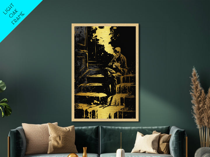 Gothic Skeleton Smoking Metallic Gold Art, Dark Haunted Horror Metal Art With Real Wood Frame, Spooky Gothic Halloween Decor