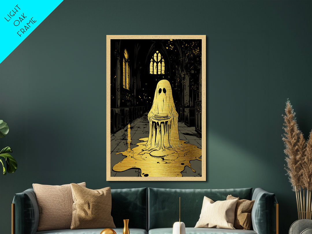Ghost With Pancakes Metallic Gold Art, Creepy Haunted Cathedral Metal Art In Solid Wood Frame, Spooky Season Halloween Print