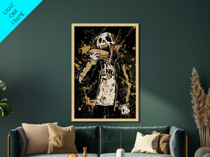 Zombie Eating Burger Metallic Gold Art, Creepy Spooky Halloween Metal Art With Real Wood Framing, Horror Goth Wall Decoration