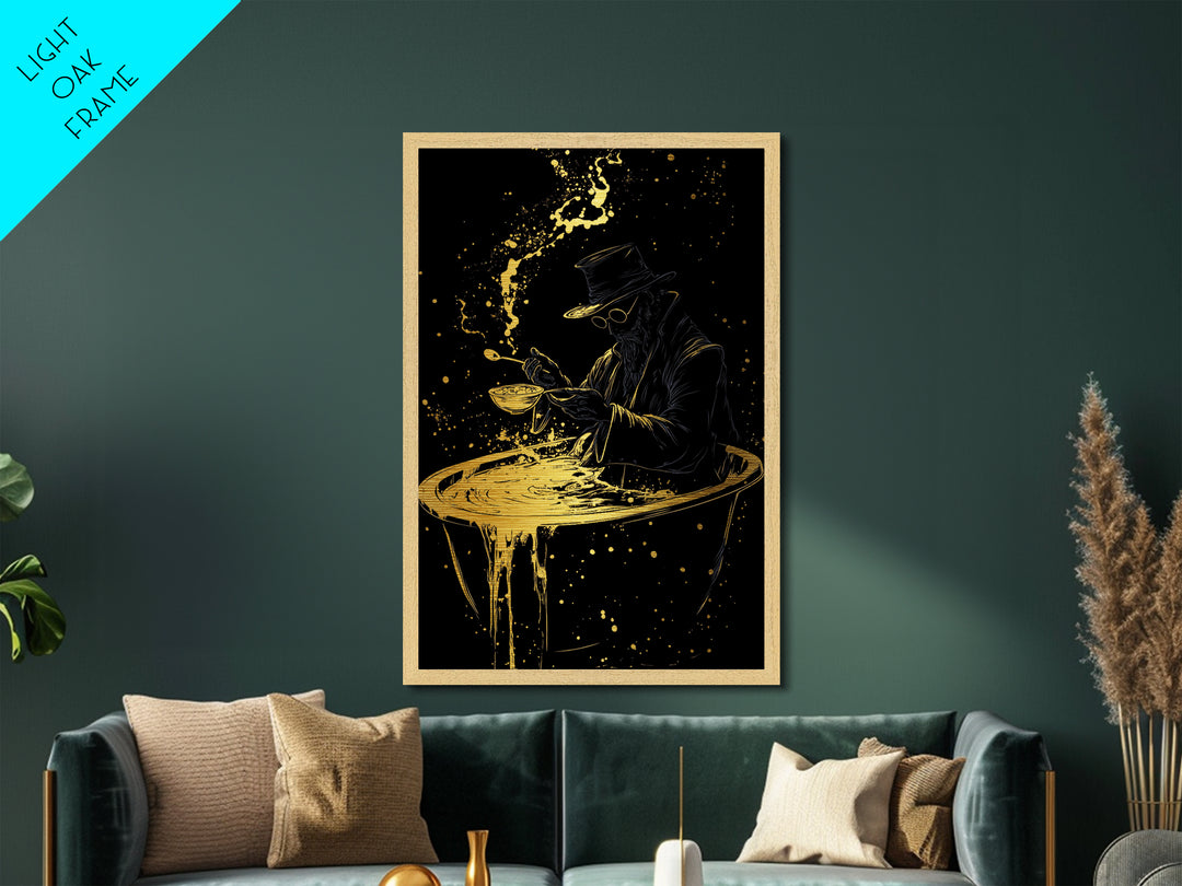Haunted Alchemist Metallic Gold Art, Gothic Witchy Metal Art Framed In Natural Wood, Spooky Occult Halloween Wall Hanging