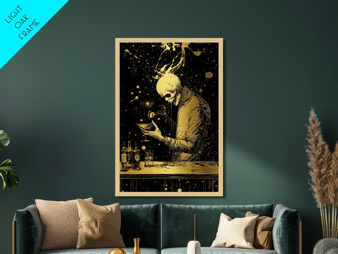 Skeleton Bartender Metallic Gold Art, Spooky Haunted Bar Metal Art With Real Wood Frame, Creepy Halloween Gothic Wall Decor