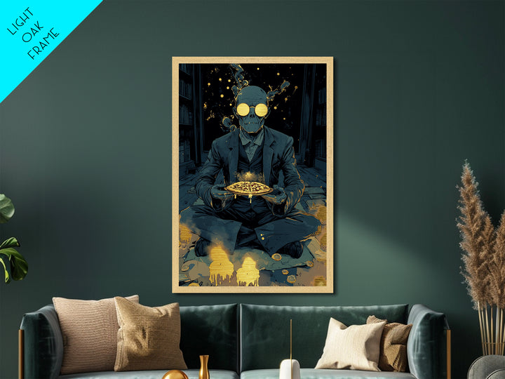 Skeleton Pizza Ritual Metallic Gold Art, Gothic Occult Spooky Season Metal Art In Real Wood Frame, Creepy Haunted Wall Print