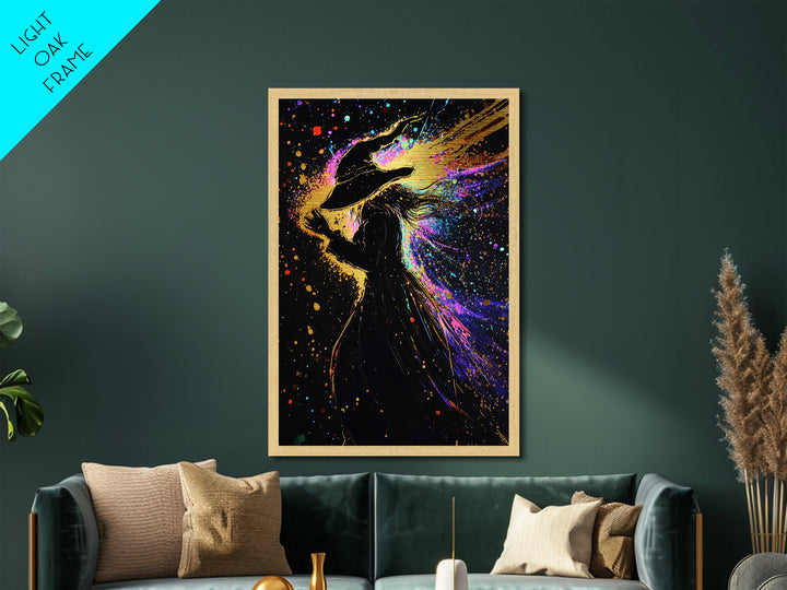 Witch Silhouette Metallic Gold Art, Spooky Season Metal Art Wall Decor, Gothic Painting Framed in Real Wood