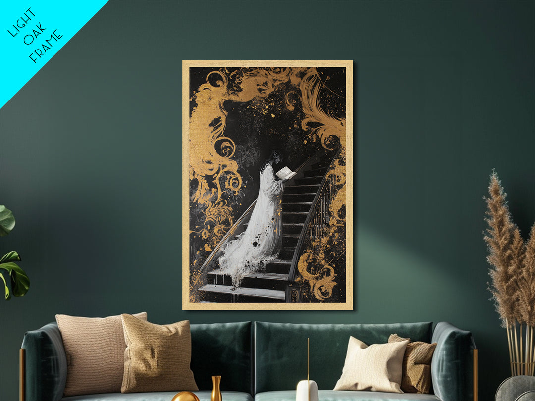 Ghostly Woman On Staircase Metallic Gold Art Metal Art Gothic Haunted Mansion Style Framed In Real Wood