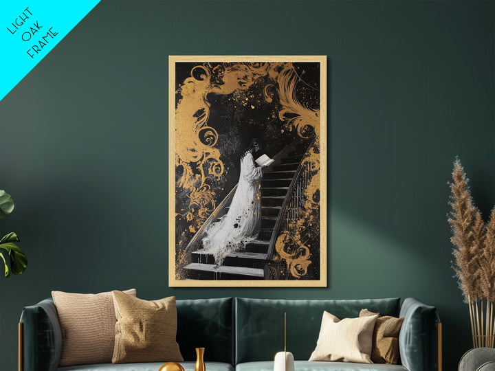 Ghostly Woman On Staircase Metallic Gold Art Metal Art Gothic Haunted Mansion Style Framed In Real Wood