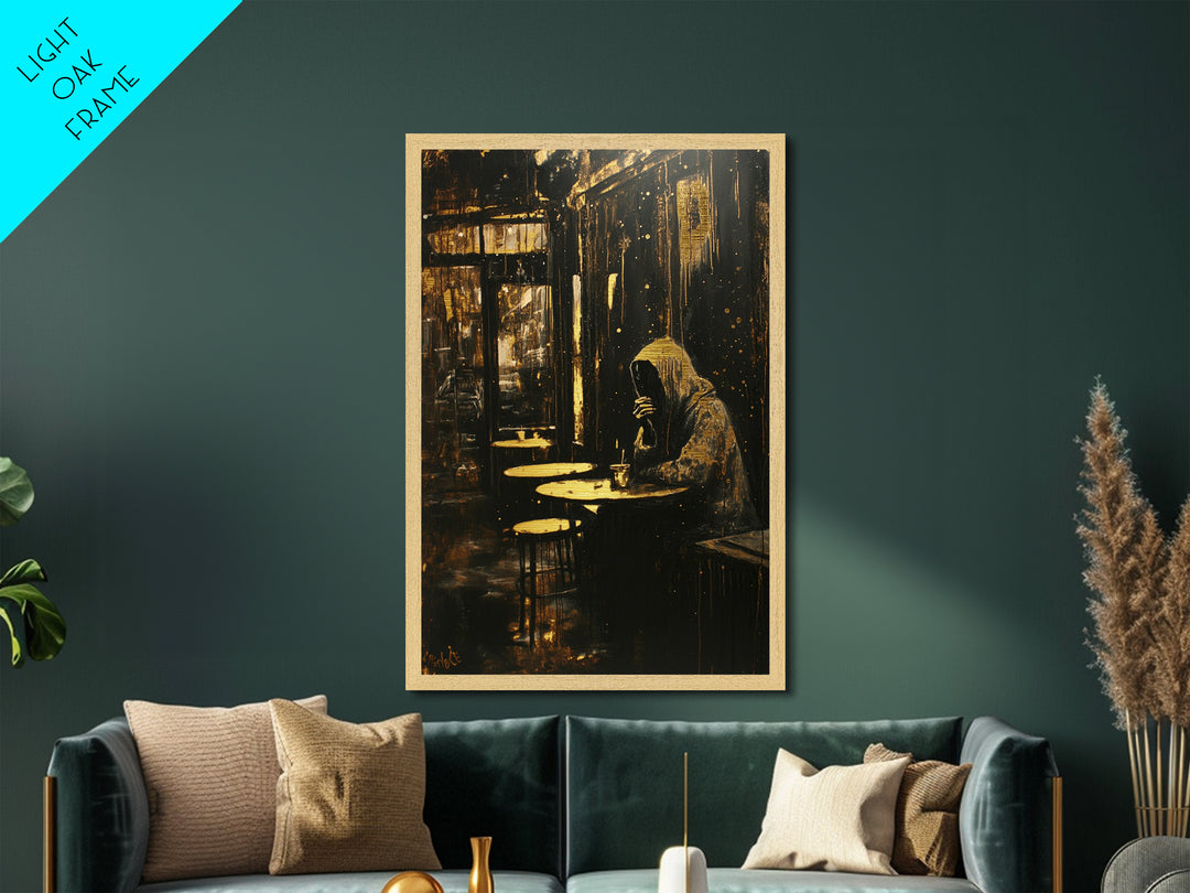 Haunted Café Scene Metallic Gold Art Metal Art | Gothic Spooky Wall Décor in Natural Wood Frame for Halloween Aesthetic