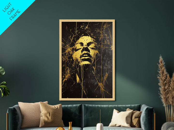 Golden Spirit Face Metallic Gold Art Metal Art | Horror Inspired Gothic Halloween Portrait in a Handcrafted Wood Frame