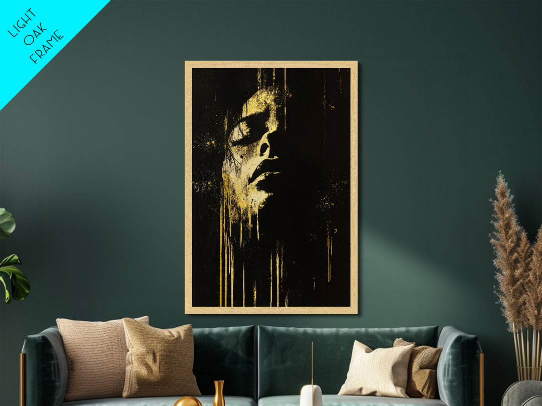 Shadowed Face Metallic Gold Art Metal Art | Dark Spooky Gothic Halloween Portrait Art with Natural Wood Frame Accent
