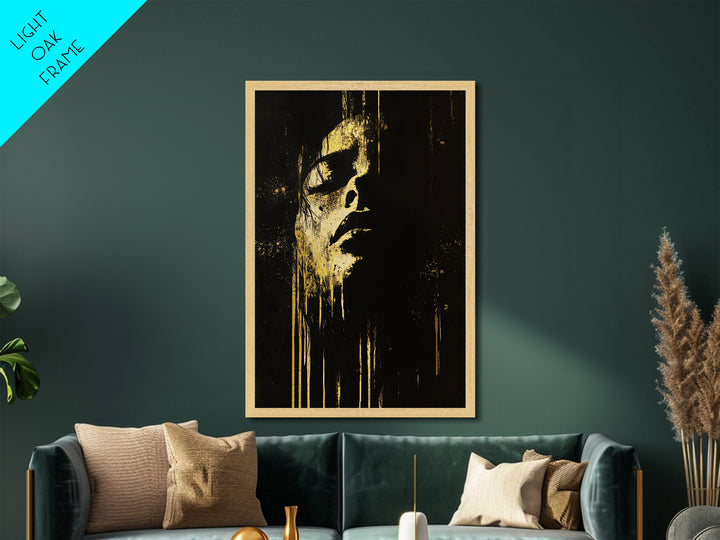 Shadowed Face Metallic Gold Art Metal Art | Dark Spooky Gothic Halloween Portrait Art with Natural Wood Frame Accent