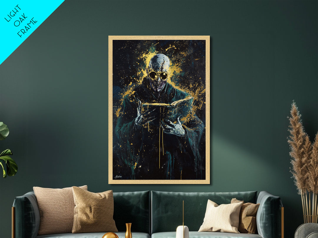 Haunted Spirit Metallic Gold Art Metal Art, Spooky Gothic Wall Decor with Natural Wood Frame for Halloween Horror Lovers