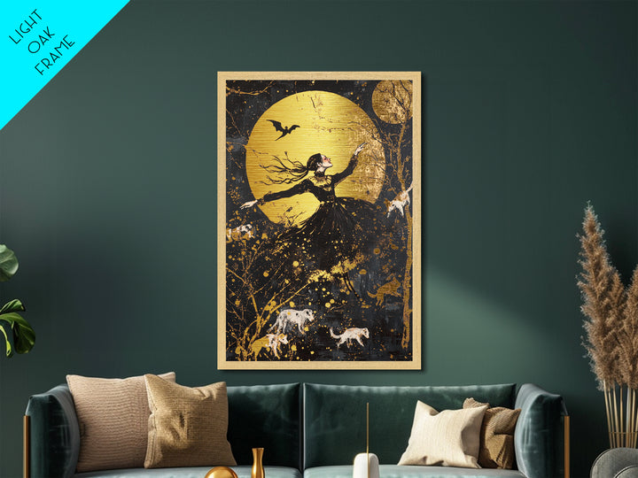 Moonlit Witch Dance Metallic Gold Art Metal Art | Gothic Spooky Halloween Wall Décor with Wolves Framed in Real Wood