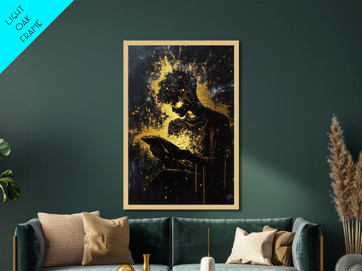 Witchy Tech Sorcerer Metallic Gold Art, Spooky Metal Art of Mystic Reader with Glowing Eyes, Framed in Natural Wood