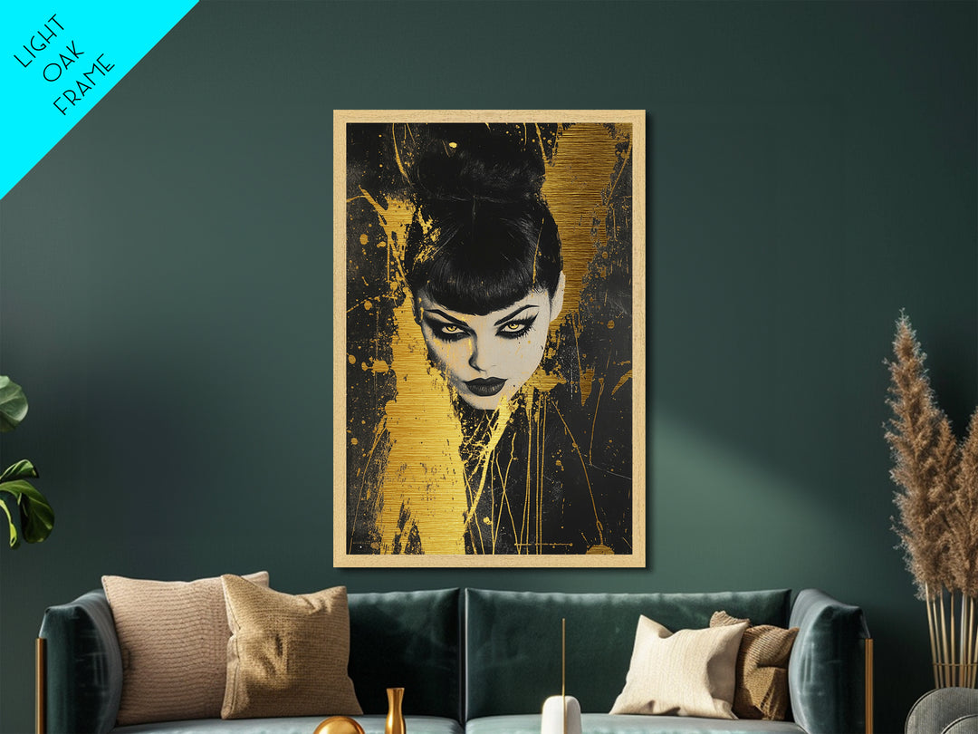 Vampire Gothic Woman Metallic Gold Art, Dark Spooky Season Metal Art Portrait, Horror Inspired Wall Decor in Real Wood Frame