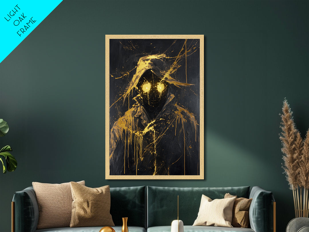 Glowing-Eyed Phantom Metallic Gold Art, Spooky Season Metal Art of Hooded Specter, Creepy Gothic Wall Decor with Real Wood Frame