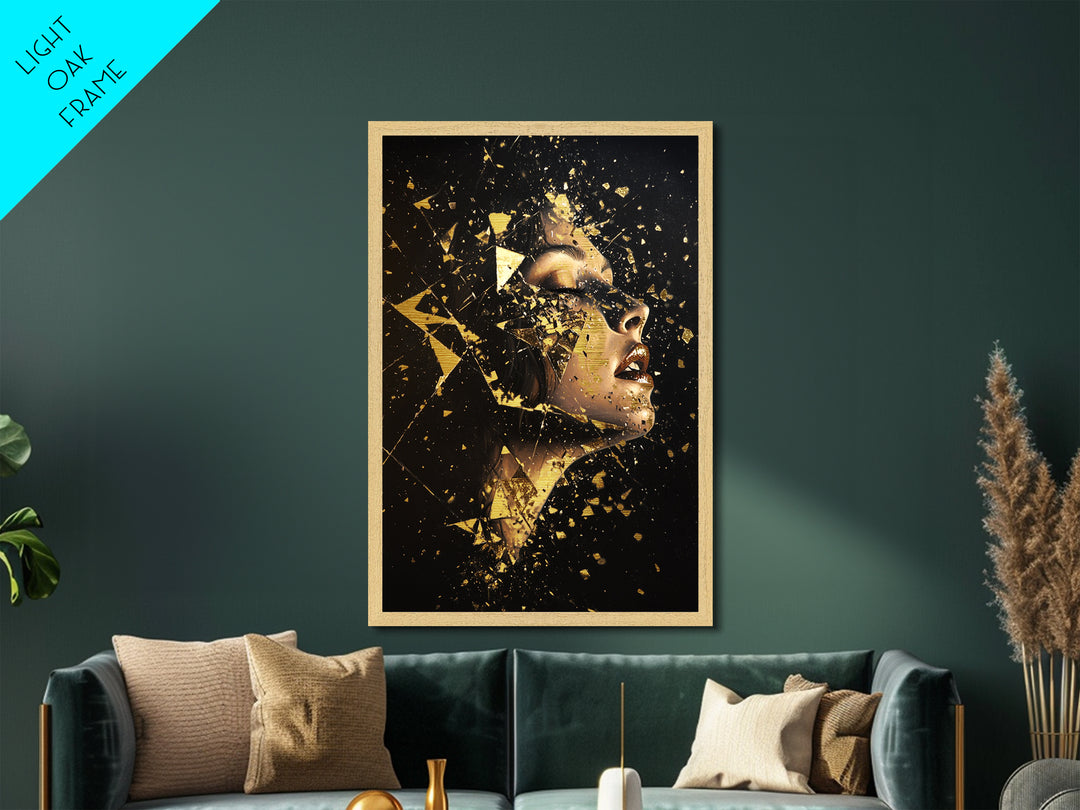 Shattered Face Metallic Gold Art, Horror-Inspired Spooky Season Metal Art, Gothic Halloween Wall Decor with Real Wood Frame