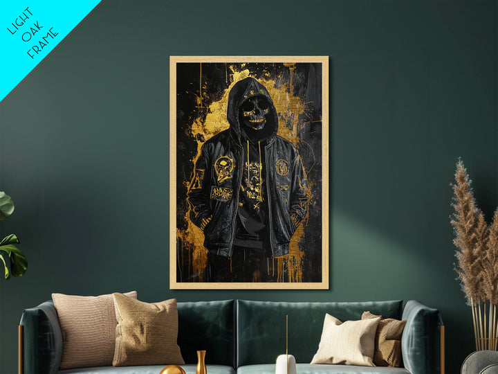 Skeleton Hoodie Metallic Gold Art, Creepy Gothic Spooky Season Metal Art, Haunted Skull Figure Wall Decor in Natural Wood Frame