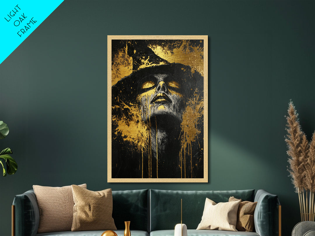 Witchy Gothic Metallic Gold Art Metal Art with Real Wood Frame, Spooky Halloween Wall Decor, Haunted Witch Portrait Print