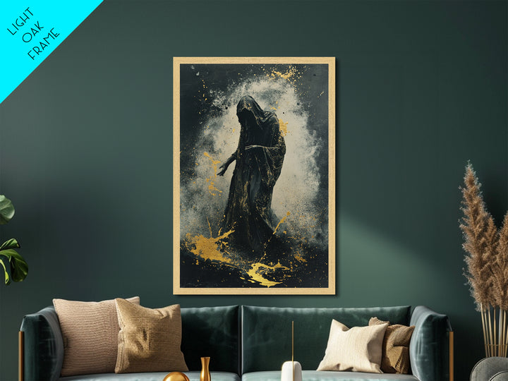 Haunting Reaper Metallic Gold Art Metal Art in Natural Wood Frame, Spooky Halloween Gothic Wall Art, Creepy Dark Spirit Decor