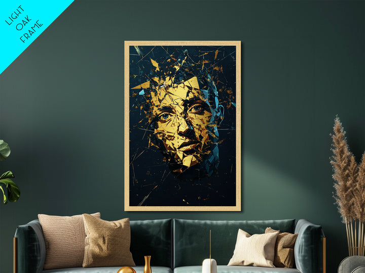 Shattered Face Metallic Gold Art Metal Art, Spooky Season Horror Abstract with Real Wood Frame, Creepy Halloween Gothic Wall Art