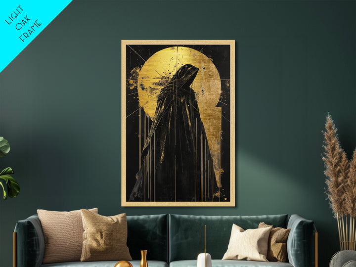 Cloaked Horror Metallic Gold Art Metal Art with Real Wood Frame, Gothic Spooky Halloween Decor, Haunted Dark Spirit Wall Hanging