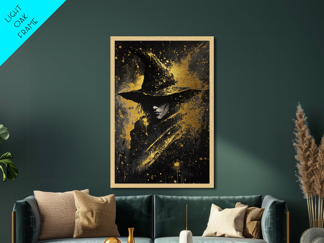 Mystical Witch Metallic Gold Art Metal Art, Framed in Natural Wood, Spooky Halloween Gothic Wall Decor, Haunted Witchcraft Artwork