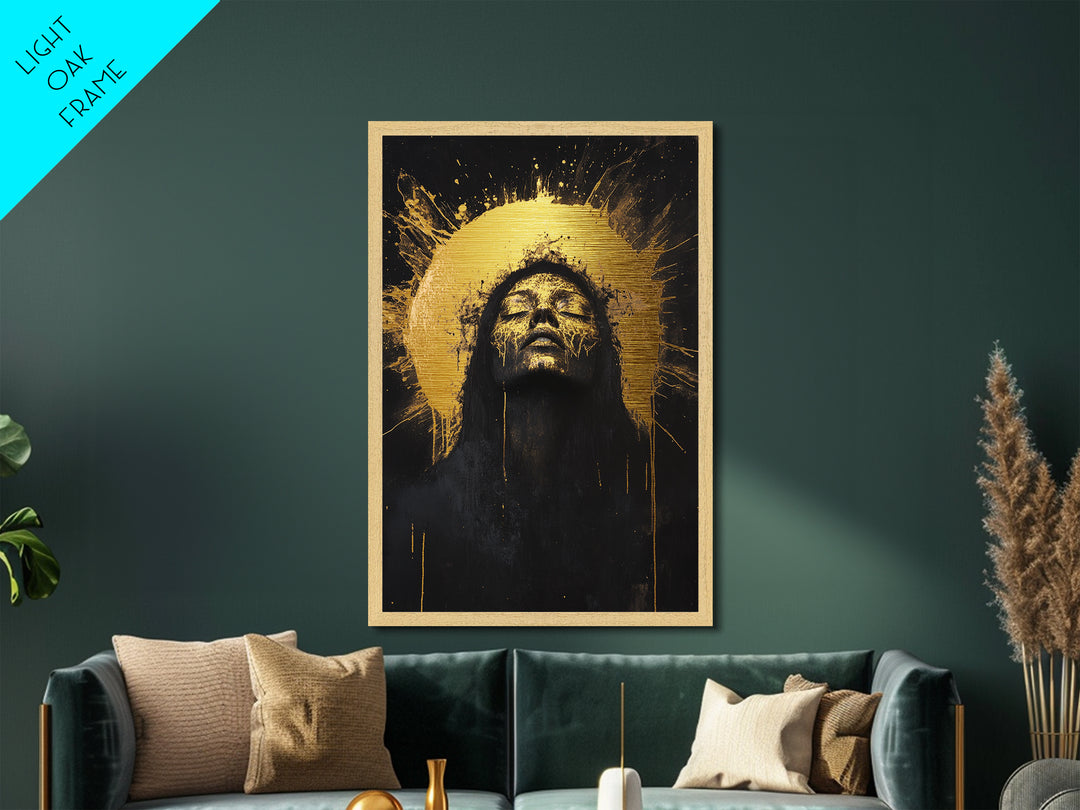 Golden Halo Witch Metallic Gold Art Metal Art with Real Wood Frame, Spooky Halloween Gothic Wall Hanging, Haunted Dark Portrait