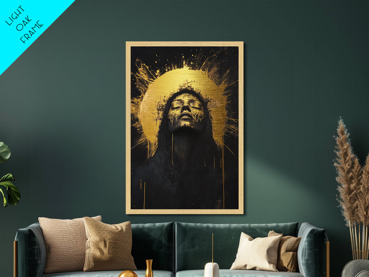 Golden Halo Witch Metallic Gold Art Metal Art with Real Wood Frame, Spooky Halloween Gothic Wall Hanging, Haunted Dark Portrait