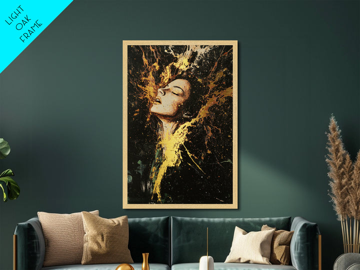 Fiery Witch Metallic Gold Art Metal Art with Real Wood Frame, Spooky Season Haunted Portrait, Creepy Gothic Halloween Wall Hanging