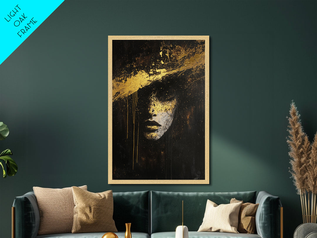 Haunted Metallic Gold Art Face Portrait | Gothic Horror Metal Art Spooky Wall Decor | Framed In Natural Real Wood