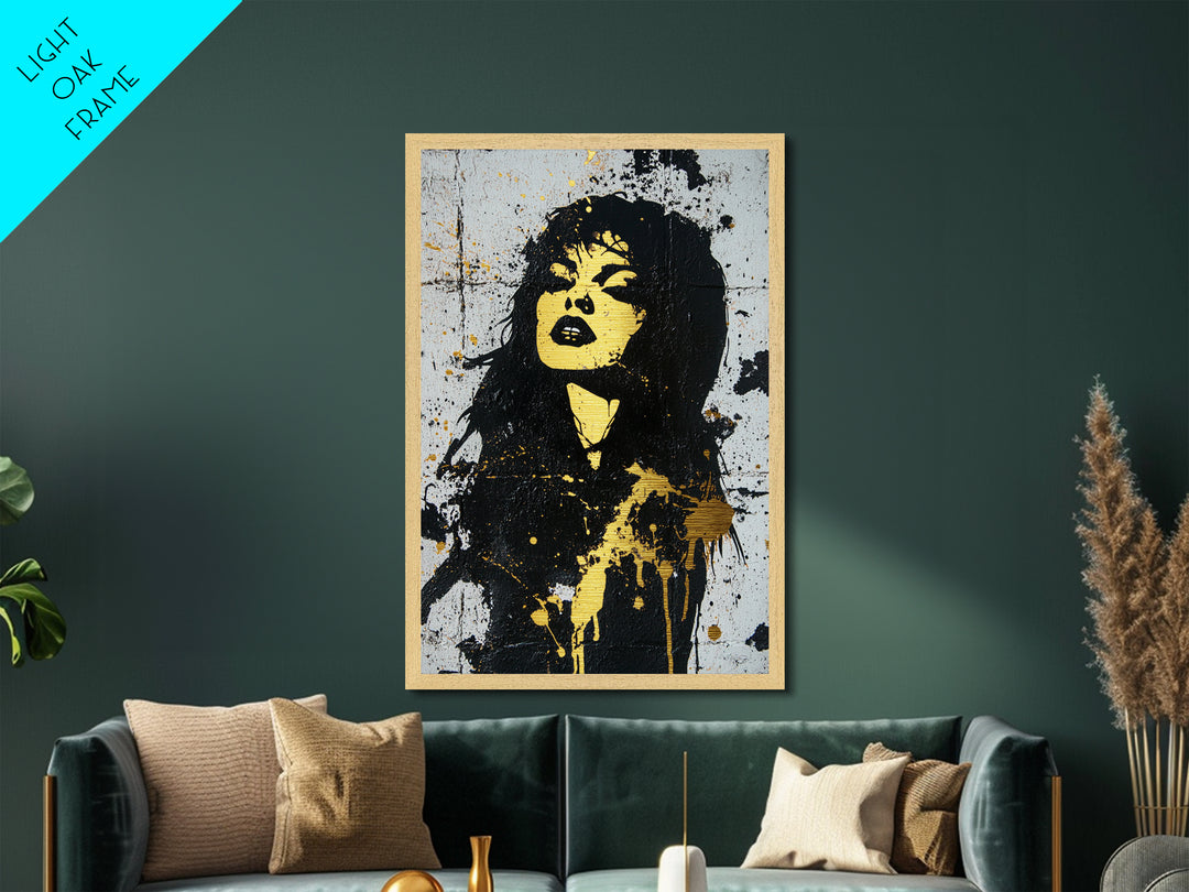 Gothic Female Vampire Portrait Metallic Gold Art | Dark Horror Metal Art Halloween Decor | Real Wood Frame Handcrafted Finish