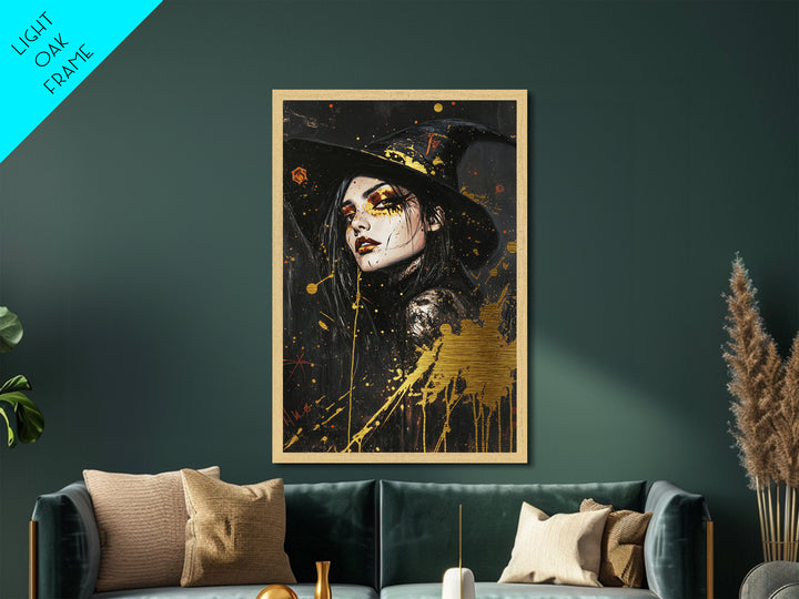 Witch Hat Glam Metallic Gold Art | Gothic Halloween Metal Art Witchy Portrait | Spooky Season Wall Decor With Real Wood Frame
