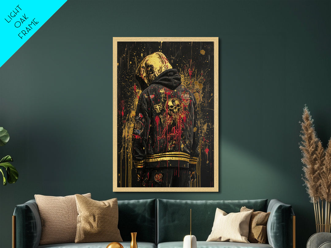 Skull Hooded Jacket Street Style Metallic Gold Art | Creepy Gothic Horror Metal Art | Halloween Wall Decor In Real Wood Frame