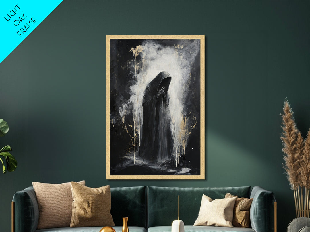 Dark Grim Reaper Metallic Gold Art | Haunted Horror Metal Art Spooky Season Wall Decor | Framed With Natural Real Wood