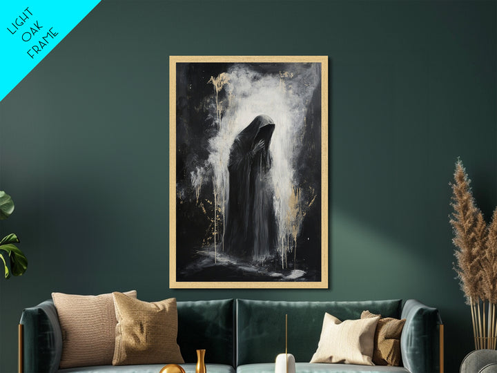 Dark Grim Reaper Metallic Gold Art | Haunted Horror Metal Art Spooky Season Wall Decor | Framed With Natural Real Wood