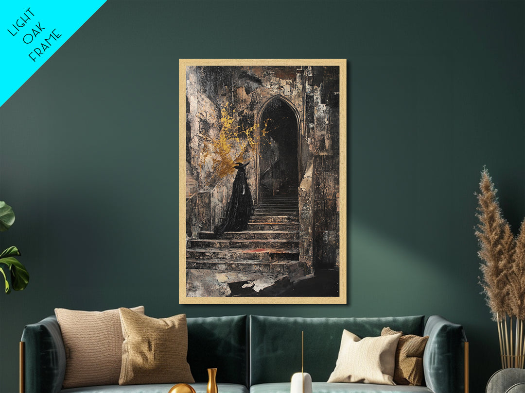 Gothic Castle Staircase Witch Metallic Gold Art | Haunted Horror Metal Art Halloween Wall Decor | Framed Real Wood Accent