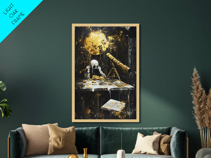 Spooky Astronomy Scene With Hooded Figure Metallic Gold Art | Creepy Metal Art Haunted Halloween Decor | Real Wood Frame Display