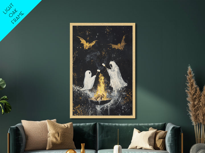 Ghosts Roasting Marshmallows Metallic Gold Art, Spooky Metal Art Halloween Wall Decor with Real Wood Frame, Haunted Firepit Scene