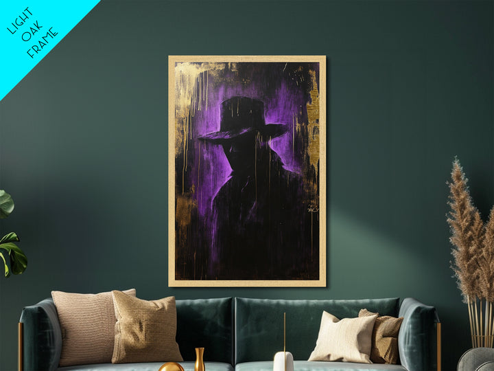 Mysterious Dark Stranger Metallic Gold Art, Gothic Metal Art Purple and Gold Halloween Shadow Silhouette Framed with Natural Wood